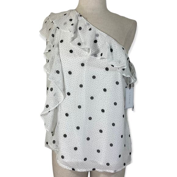 Polka dot ruffled one shoulder blouse by 1. State, NWT small black white chiffon - Picture 2 of 12
